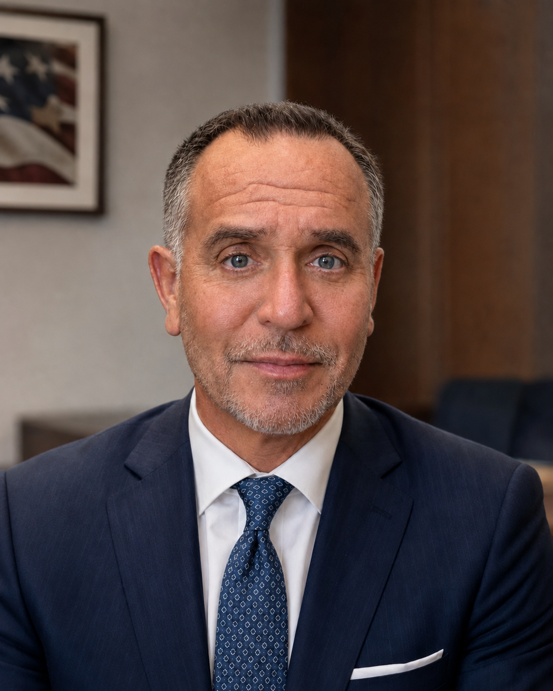 Chad Frost in a navy suit and tie in an executive office